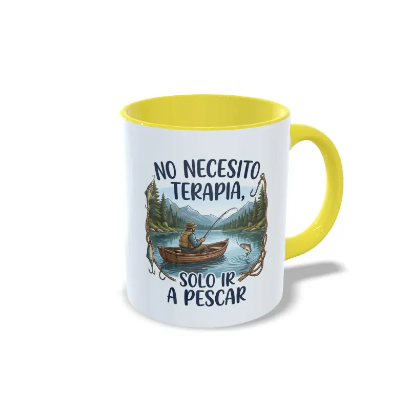 Taza amarilla. No necesito terapia, solo ir a pescar