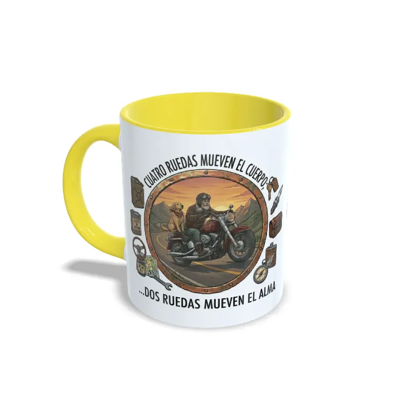Izquierda amarillo moto4 Taza amarilla. Dos ruedas mueven el alma