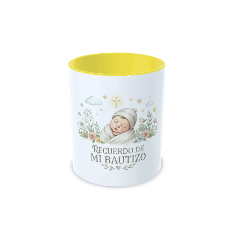 Taza recuerdo m primer bautizo amarillo