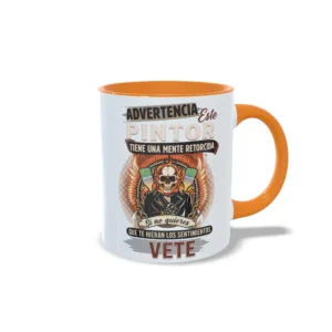 Taza de cerámica para pintores con calavera y frase de advertencia este pintor tiene una mente retorcida, interior y asa en color naranja, vista lateral derecha.