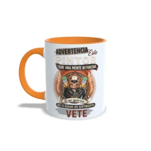 Taza de cerámica para pintores con calavera y frase de advertencia este pintor tiene una mente retorcida, interior y asa en color naranja, vista lateral izquierda.