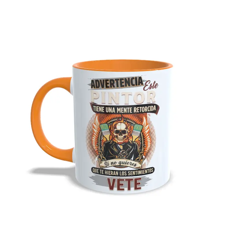 Taza de cerámica para pintores con calavera y frase de advertencia este pintor tiene una mente retorcida, interior y asa en color naranja, vista lateral izquierda.