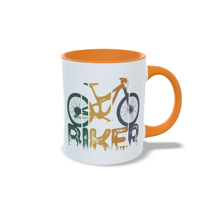 Taza Biker con diseño de bicicleta de montaña, interior y asa en color naranja, vista lateral derecha.