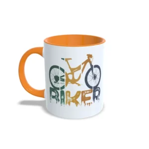 Taza Biker con diseño de bicicleta de montaña, interior y asa en color naranja, vista lateral izquierda.