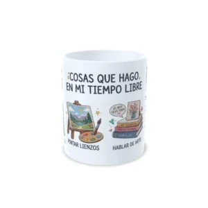 Taza de pintura y arte con frase Cosas que hago en mi tiempo libre, ilustraciones de lienzo y libros de arte, interior en color blanco, vista frontal centrada.