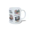 Taza de cerámica de pintura y arte con ilustraciones de comprar pinturas y ver tutoriales del diseño Cosas que hago en mi tiempo libre, interior y asa en color blanco, vista lateral derecha.