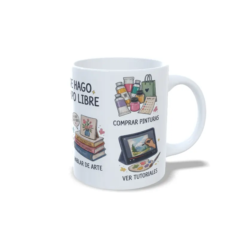 Taza de cerámica de pintura y arte con ilustraciones de comprar pinturas y ver tutoriales del diseño Cosas que hago en mi tiempo libre, interior y asa en color blanco, vista lateral derecha.