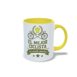 Taza con frase el mejor ciclista del mundo mundial, interior y asa en color amarillo, vista lateral derecha.