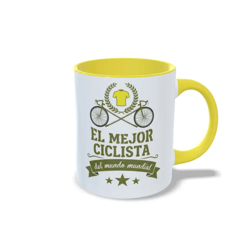 Taza con frase el mejor ciclista del mundo mundial, interior y asa en color amarillo, vista lateral derecha.