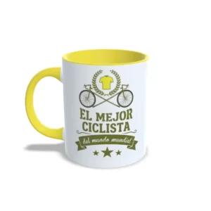 Taza con frase el mejor ciclista del mundo mundial, interior y asa en color amarillo, vista lateral izquierda.