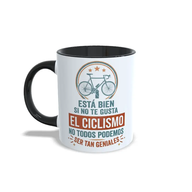 Está bien si no te gusta el ciclismo no todos podemos ser geniales IZQ NEGRO Taza sobre ciclismo con la frase está bien si no te gusta el ciclismo, interior y asa en color negro, vista lateral izquierda