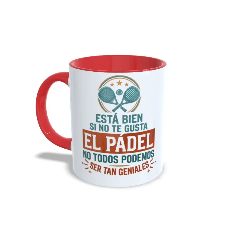 Taza de cerámica sobre pádel con frase está bien si no te gusta el pádel no todos podemos ser tan geniales, interior y asa en color rojo, vista lateral izquierda.