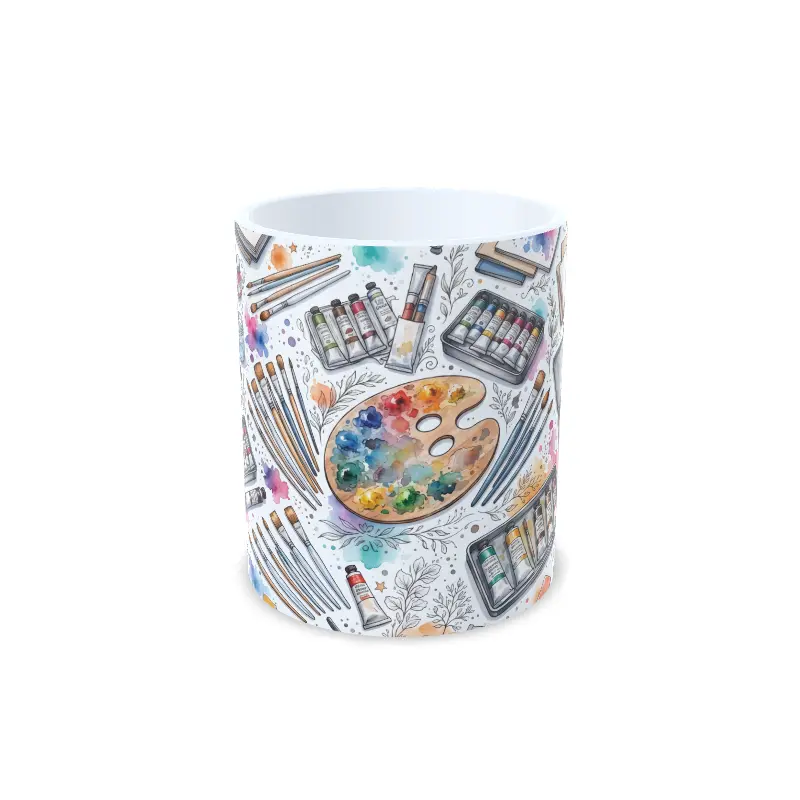 Taza de pintura y arte con estampado de paleta de mezcla, pinceles y tubos de óleo en acuarela, interior en color blanco, vista frontal centrada.