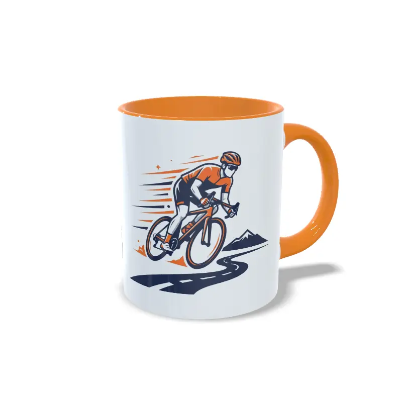 Hoy no puedo tengo ciclismo DER NARANJA Taza de cerámica de ciclismo con ilustración de ciclista en ruta, interior y asa en color naranja, vista lateral derecha.