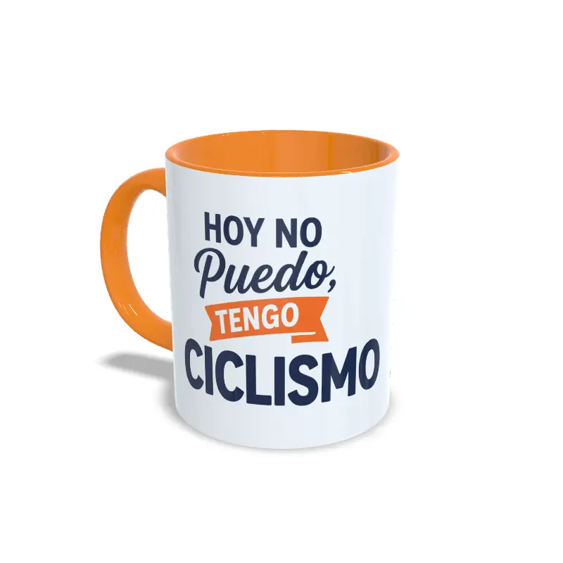 Hoy no puedo tengo ciclismo IZQ NARANJA Taza de ciclismo con la frase Hoy no puedo, tengo ciclismo, interior y asa en color naranja, vista lateral izquierda