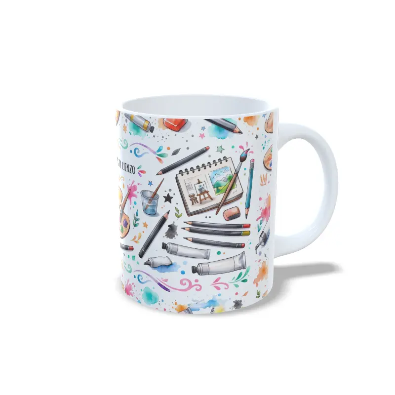 Taza de cerámica sobre pintura y arte con estampado de pinceles, tubos de óleo y gomas de borrar del diseño Tu mundo es tu lienzo, interior y asa en color blanco, vista lateral derecha.