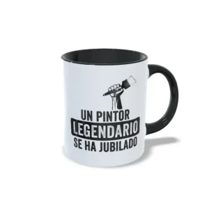 Taza de cerámica para pintores jubilados con ilustración de mano sosteniendo una brocha y frase Un pintor legendario se ha jubilado, interior y asa en color negro, vista lateral derecha.