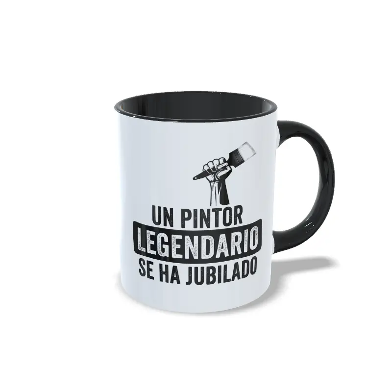 Taza de cerámica para pintores jubilados con ilustración de mano sosteniendo una brocha y frase Un pintor legendario se ha jubilado, interior y asa en color negro, vista lateral derecha.