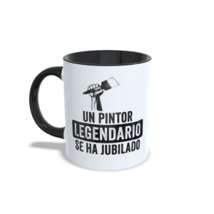 Un pintor legendario se ha jubilado IZQ NEGRO Taza de cerámica para pintores jubilados con ilustración de mano sosteniendo una brocha y frase Un pintor legendario se ha jubilado, interior y asa en color negro, vista lateral izquierda.