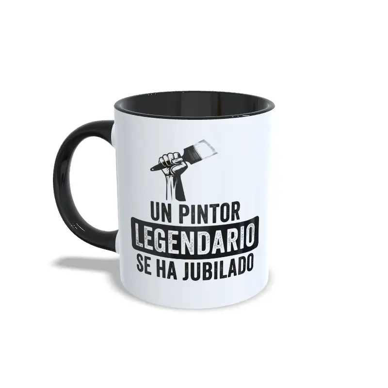 Taza de cerámica para pintores jubilados con ilustración de mano sosteniendo una brocha y frase Un pintor legendario se ha jubilado, interior y asa en color negro, vista lateral izquierda.
