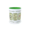 Taza de cerámica para amantes de la pintura con viñetas de arte y frase Comer, dormir, pintar y repetir, interior en color verde, plano frontal centrado.