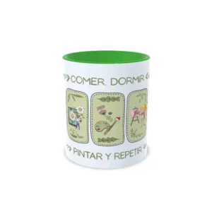 Taza de cerámica para amantes de la pintura con viñetas de arte y frase Comer, dormir, pintar y repetir, interior en color verde, plano frontal centrado.