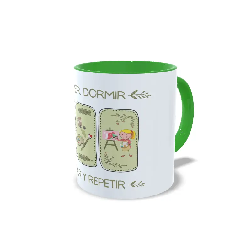 Taza de cerámica para amantes de la pintura con viñetas de arte y frase Comer, dormir, pintar y repetir, interior en color verde, vista lateral derecha.