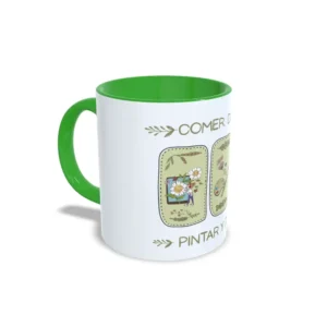 Taza de cerámica para amantes de la pintura con viñetas de arte y frase Comer, dormir, pintar y repetir, interior en color verde, vista lateral izquierda.