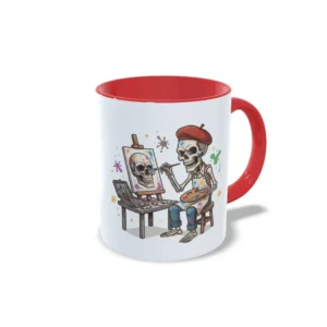 Taza de cerámica sobre pintura y arte con ilustración de esqueleto de pintor realizando un autorretrato en caballete, interior y asa en color rojo, vista lateral derecha.