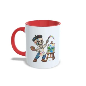 Taza de cerámica sobre pintura y arte con ilustración de calavera de pintor con boina, paleta y caballete con paisaje, interior y asa en color rojo, vista lateral izquierda.