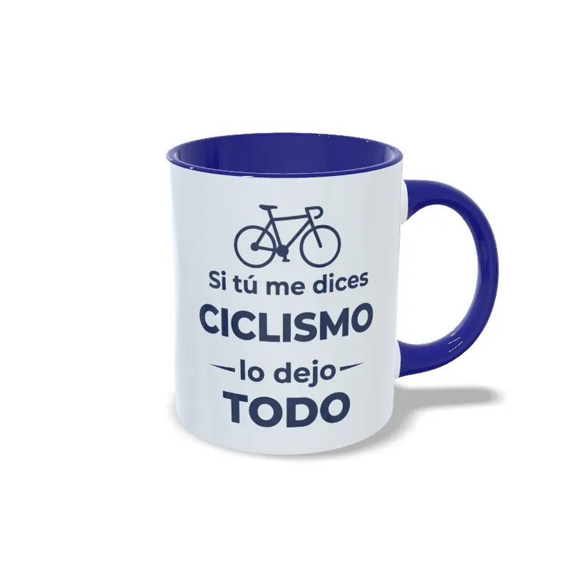 si tú me dices ciclismo lo dejo todo DER AZUL MARINO Taza de cerámica de ciclismo con icono de bicicleta y frase Si tú me dices ciclismo lo dejo todo, interior y asa en color azul marino, vista lateral derecha.