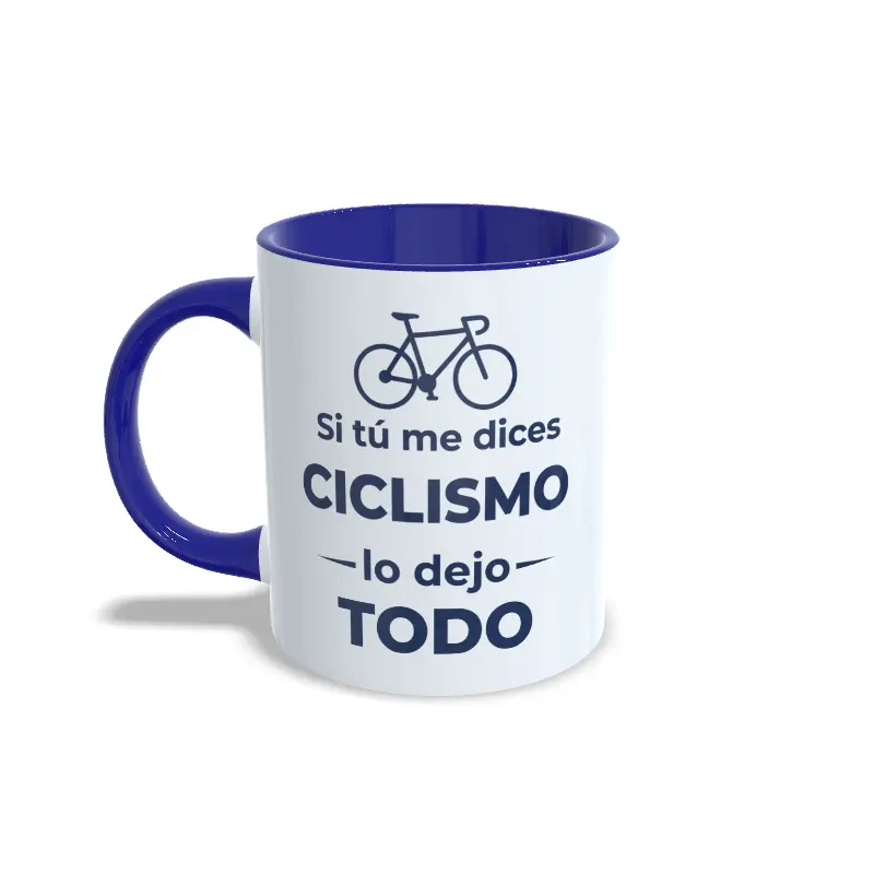 si tú me dices ciclismo lo dejo todo IZQ AZUL MARINO Taza de cerámica de ciclismo con icono de bicicleta y frase Si tú me dices ciclismo lo dejo todo, interior y asa en color azul marino, vista lateral izquierda.
